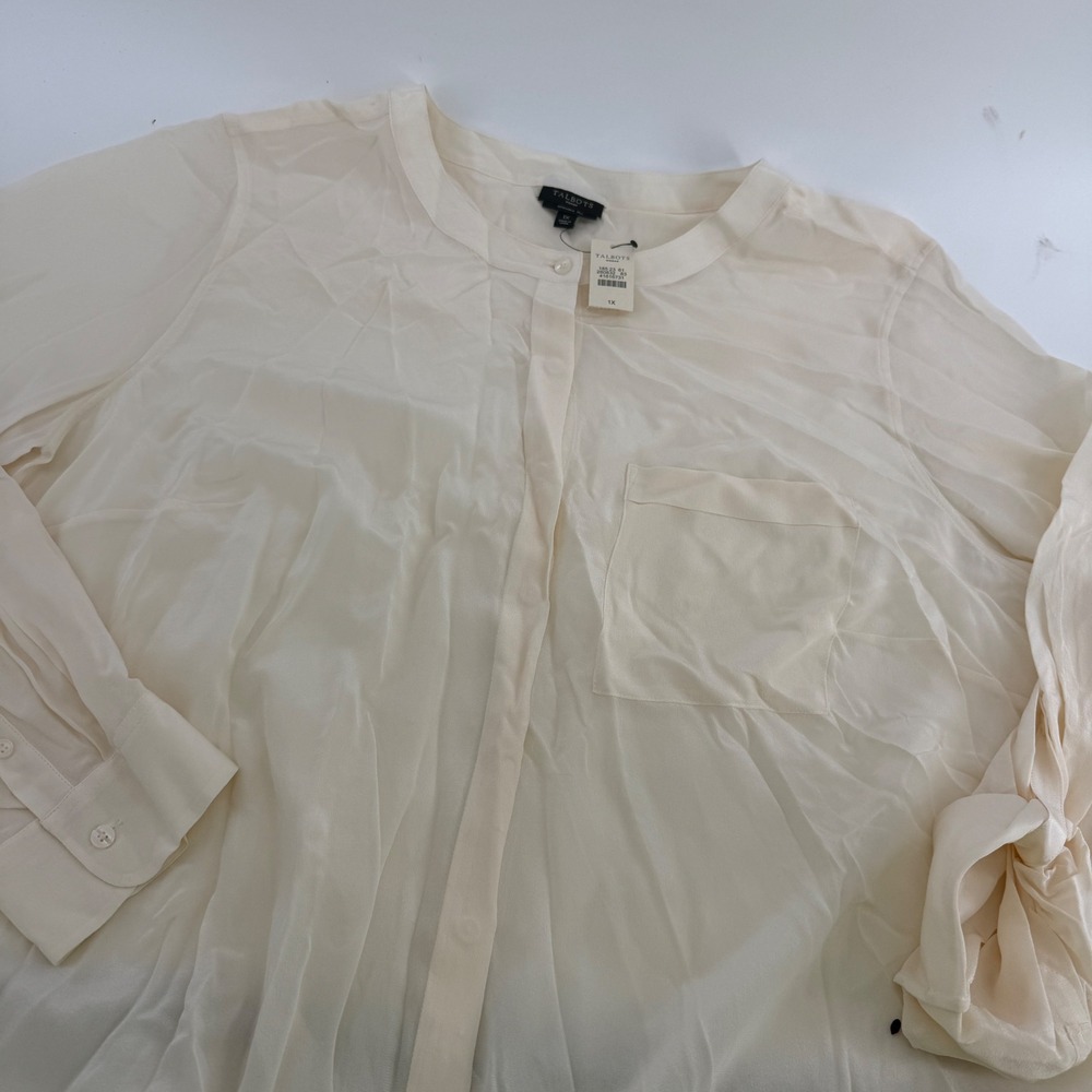 Talbots Woman Cream Washable Silk Band Collar Roll Tab Blouse 1X NWT 1852361